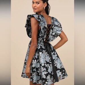 Lulus Decadent Presence Black Jacquard Babydoll Mini Dress Blue Black Small